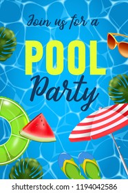 Pool party invitation vector illustration. Top view of swimming pool with pool floats.