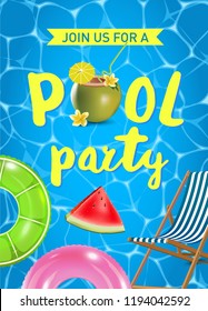 Pool party invitation vector illustration. Top view of swimming pool with pool floats.