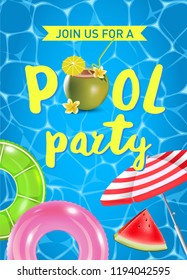 Pool party invitation vector illustration. Top view of swimming pool with pool floats.