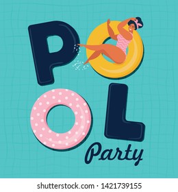 Pool party invitation vector illustration. Top view of swimming pool with pool floats.