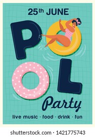 	
Pool party invitation vector illustration. Top view of swimming pool with pool floats.
