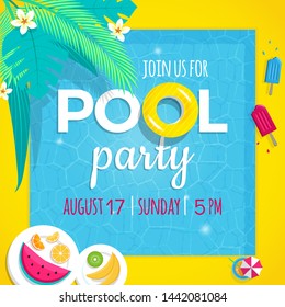 Pool party invitation vector illustration Flayer tamplate. Top view of swimming pool background with tropical palm leaves , pool floats, tropical fruits and ice cream popsicle.