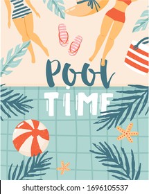 Pool party invitation vector illustration. Summer water activities, scene with a lot of tiny people, characters