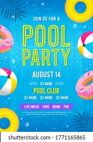 Pool party invitation vector illustration. Top view of swimming pool with balls and donut pool floats