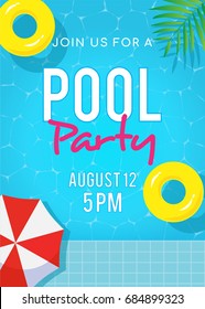 Pool party invitation vector illustration, Top view of swimming pool with yellow inflatable ring floating on water.