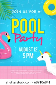 Pool party invitation vector illustration. Swimming pool with Flamingo pool float, unicorn pool float and yellow inflatable ring floating on water.