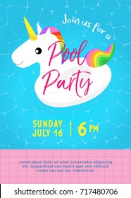 Pool party invitation vector illustration. Swimming pool with Cute unicorn pool float and floating on water