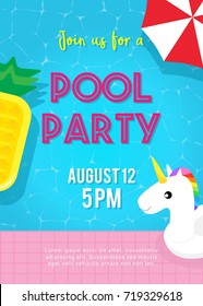 Pool party invitation vector illustration, Top view of swimming pool with unicorn pool float and giant pineapple pool float floating on water.