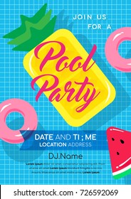 Pool party invitation vector illustration. Swimming pool with Pineapple pool float and pink inflatable ring floating on water.