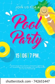 Pool party invitation vector illustration. Top view of swimming pool with bikini girl on pineapple pool float 