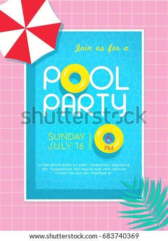 Pool party invitation vector illustration, Top view of swimming pool with yellow rubber ring floating on water.