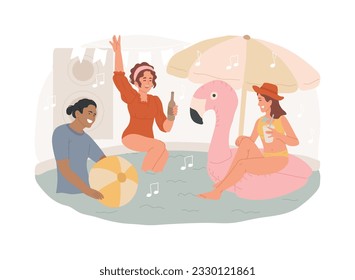 Pool party isolated concept vector illustration. Dance swim drink, entertaining outdoor activities, party in swimming pool, flamingo inflatable circle, girls in bikini, vacation vector concept.