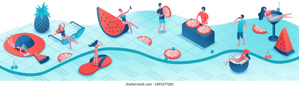 Pool Party Isometric 3d Illustration With Cartoon People In Swimsuit, Drinking Cocktail, Relax, Recreation Spa Concept, Horizontal Banner, Watermelon, Orange, Summer Event Background, Leisure Time