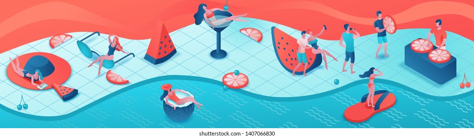 Pool party isometric 3d illustration with cartoon people in swimsuit, drinking cocktail, relax, recreation spa concept, horizontal banner, watermelon, orange, summer event background, leisure time