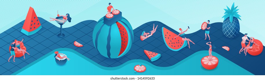 Pool party isometric 3d illustration with cartoon people in swimsuit, drinking cocktail, relax, recreation spa concept, horizontal banner, watermelon, orange, summer event background, leisure time