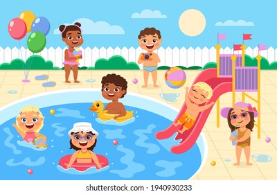 Pool Party Kids. Children Play And Swim In Water Park, Happy Boys And Girls In Swimsuits Race Down Waterslide, Drink Juice And Eat Ice Cream, Summer Sea Vacation Vector Cartoon Concept