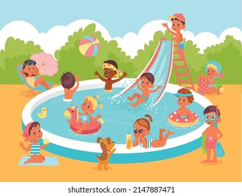 Pool party kids. Fun water game. Happy children with floating toys. Boys and girls ride swimming pond slide. Characters inflated circles and balls. Beach summer leisure