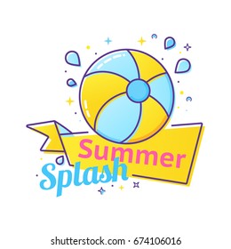 Pool party label with inflatable ball and splash in swim pool water. Vector illustration