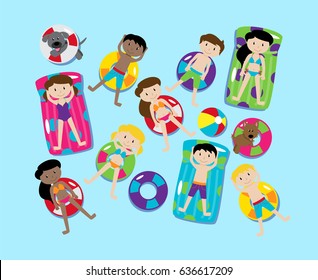 Pool Party or Lake Party Vector Set, Including Children and Dogs Swimming and Floating