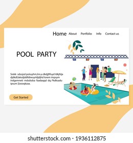 Pool party landing page, luxury and vip summer disco. Vector party disco, people dance and drink illustration. Elite club with pool and cool dj, vacation event