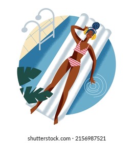 Pool party and leisure in hotel, view from above of woman floating on inflatable rubber mattress vector illustration. Cartoon lazy girl in bikini sunbathing, listening to music with headphones