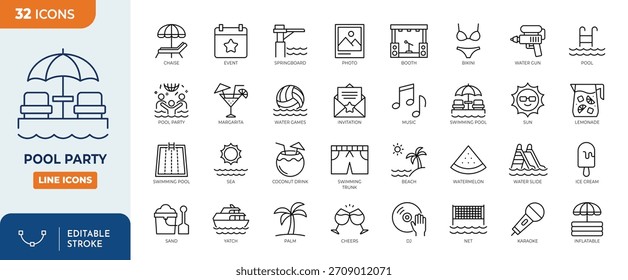 Pool Party line editable icon set. Editable stroke. Vector illustration	
