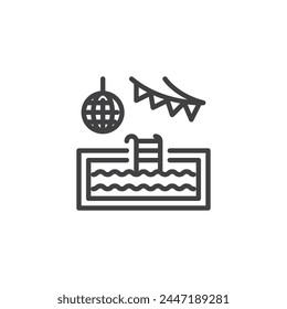 Pool Party line icon. linear style sign for mobile concept and web design. Swimming pool with disco ball and party flags outline vector icon. Symbol, logo illustration. Vector graphics