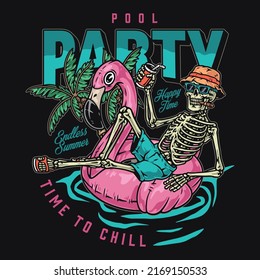 Pool party logotype colorful vintage skeleton floats on inflatable pink flamingo near summer time to chill slogan vector illustration