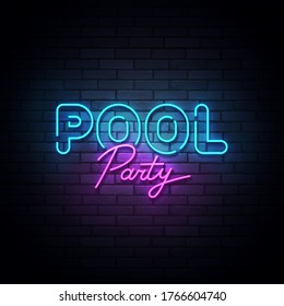 Cartel de neón de la Fiesta de la Piscina, letrero luminoso, banner luminoso. Logo del Pool Party neon, emblema. Ilustración del vector