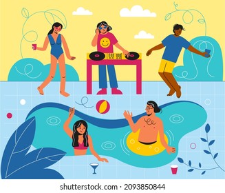 Pool party people. Happy girls in bikini dance and relax. DJ plays electro music and mixs tracks on turntables. Disco event. Chillout zone. Persons swim and drink cocktails. Vector concept