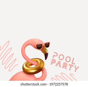 Pool party Pink flamingo In sun goggles realistic 3d element. Summer stylish design. Party banner, web poster. Abstract art. vector illustration isolated on pink background.