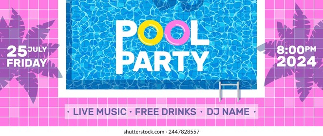 Pool Party Pink Horizontaler Banner Einladung Flyer Design Vektorillustration