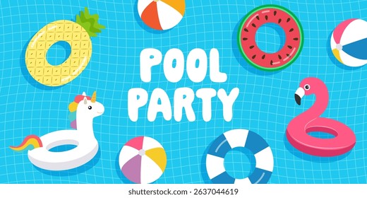 Pool party, pink inflatable flamingo, swimming ring unicorn rubber balls, swimming ring watermelon in flat style on blue background. Vector illustration.