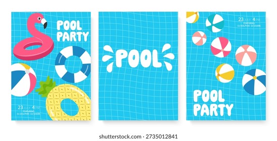 Pool party, pink inflatable flamingo, rubber balls, flat style on a blue background. Vector illustration.