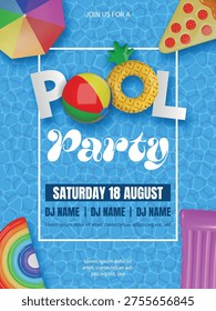 pool party poster with 3d colorful inflatables on pool water texture. summer party flyer