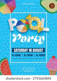 pool party poster with 3d colorful inflatables on pool water texture. summer party flyer	