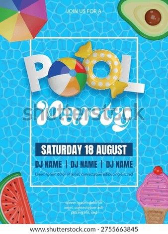 pool party poster with 3d colorful inflatables on pool water texture. summer party flyer	