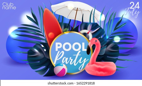 Pool party poster background. Hawaiian invintation with pink flamingo and summer attributes. Beach summer party.