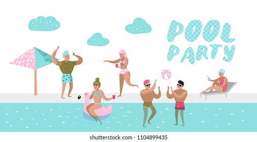 Pool Party Poster, Banner. Characters People Swimming, Relaxing, Have Fun in the Pool. Summertime Holidays at Beach Resort. Vector illustration