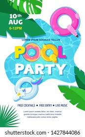 Pool party poster or banner design template. Vector flat cartoon illustration. Summer weekend and events outdoor leisure. Unicorn, flamingo, duck floats on water splash background.