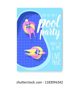 Pool Party Poster, Banner, Invitation. Summer Brochure with Floats in Water. Flyer Template Beach Party. Vector illustration