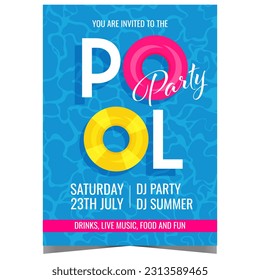 Pool party poster or banner, invitation leaflet or flyer with colorful inflatable swimming rings on the glittering pool water. Vector illustration design template for summer fun and vacation events.