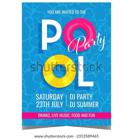 Pool party poster or banner, invitation leaflet or flyer with colorful inflatable swimming rings on the glittering pool water. Vector illustration design template for summer fun and vacation events.