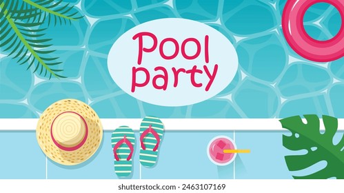 Cartel de fiesta de la piscina, Anuncio con hojas de palma y superficie de la piscina, anillo de goma y bebida de cóctel, Ilustración vectorial