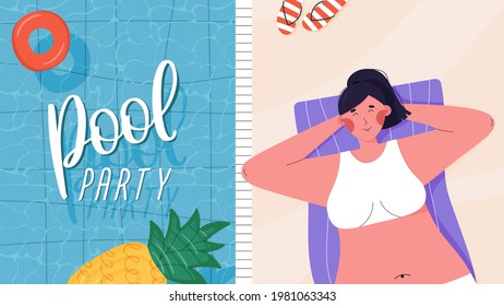 Pool party poster or banner with swimming pool and girl relaxing on a towel.