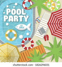 Pool party poster. Beach party invitation poster design. Swimming pool with blue water, swim ring, chaise longue top view. Summer event leisure fun and vacation travel background vector illustration