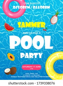 Pool party poster with blue water ripple. Life buoys, fruits float in the pool