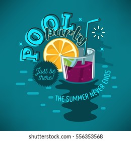 Pool Party Poster Design With Glass Of Cocktail Floating In The Water And Slice Of A Lemon Illustration.  Vector Graphic. 