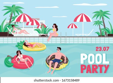 Pool party poster flat vector template. Man on inflatable ring. Woman floating on air mattress. Brochure, booklet one page concept design with cartoon characters. Poolside flyer, leaflet