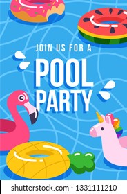 Pool party poster, flyer, banner, invintation. Swimming pool background and inflatable swimming pool rings, tubes, floats in shape of flamingo, unicorn, pineapple, donut, watermelon.